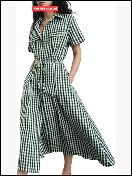 Dresses & Skirts - Women's Cotton Gingham Midi Shirt Dress Short Sleeve Button Down with Pockets